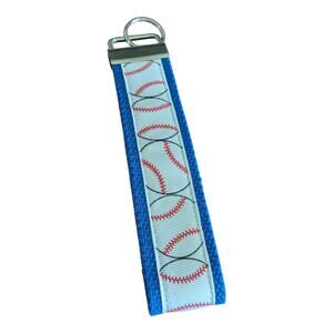 Baseball Keychain Wristlet Handmade Fabric Key FOB Accessory Blue Gift Bag Charm